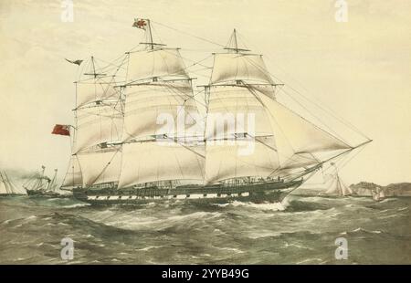 Das Clipper-Schiff Anglesey mit 1150 Tonnen wurde 1852 in London, wahrscheinlich von Green, für die Fahrt von London nach Australien gebannt. Hier fliegt sie ihre Hausflagge der Green Blackwall Line am Main und wird auf dem Kanal vor Dover gezeigt. Sie hat auch einen blau-weißen Signalwappen am Mizzen, möglicherweise als Antwort auf eine Cutter Yacht, die unter ihren Bögen gesehen wird, die auch die grüne Flagge und ein Signal fliegt. Unter ihrem Heck befindet sich ein kleiner britischer Kanaldampfer, der anscheinend sowohl die Union als auch den französischen Trikoleur am Main fliegt. Stockfoto