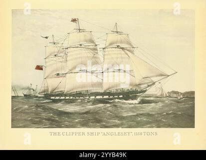 Das Clipper-Schiff Anglesey mit 1150 Tonnen wurde 1852 in London, wahrscheinlich von Green, für die Fahrt von London nach Australien gebannt. Hier fliegt sie ihre Hausflagge der Green Blackwall Line am Main und wird auf dem Kanal vor Dover gezeigt. Sie hat auch einen blau-weißen Signalwappen am Mizzen, möglicherweise als Antwort auf eine Cutter Yacht, die unter ihren Bögen gesehen wird, die auch die grüne Flagge und ein Signal fliegt. Unter ihrem Heck befindet sich ein kleiner britischer Kanaldampfer, der anscheinend sowohl die Union als auch den französischen Trikoleur am Main fliegt. Stockfoto