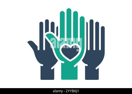 Symbol "Freiwillige". Symbolstil durchgehend. Hand mit Herz. Symbol für wohltätige Zwecke. Vektorillustration für Spendenelemente Stock Vektor