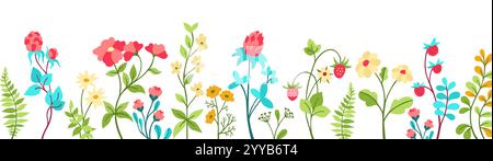 Blumenrand mit blühenden Blumen, Gras, rustikalen Beeren. Horizontales Banner mit Hand gezeichnetem Zweig Sommervolk-Wildblumen isoliert auf weißem Hintergrund. Ländliche abstrakte Natur Hintergrund Vektordesign Stock Vektor