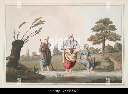 Farbiges Ätzen von Frauen, die Blutegel aus einem Fluss sammeln, in dem Buch The Costume of Yorkshire von George Walker, veröffentlicht 1814. Blutegel wurden für die Blutentnahme in den medizinischen Praxen des Tages verwendet. Stockfoto