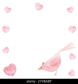 Niedlicher Vogel, der einen handgemalten Aquarellrahmen aus rosa Herz betrachtet, isoliert auf weiß. Hochwertige pinkfarbene ClipArt im Cartoon-Stil, ideal für Kinder Stockfoto