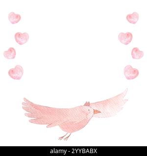 Niedlicher Vogel, der zwischen rosa Herzen fliegt, handgemalter Aquarellrahmen isoliert auf weiß. Hochwertige pinkfarbene Clip Art im Cartoon Stil, ideal für Kinder Profi Stockfoto