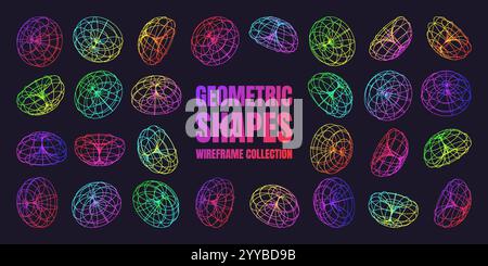 Neon-beschichtete Drahtmodellformen. Perspektivisches Netz, 3D-Raster. Geometrische Elemente mit niedrigem Poly. Futuristische Retro-Designelemente, y2k, Vaporwave und Synthwave Stock Vektor