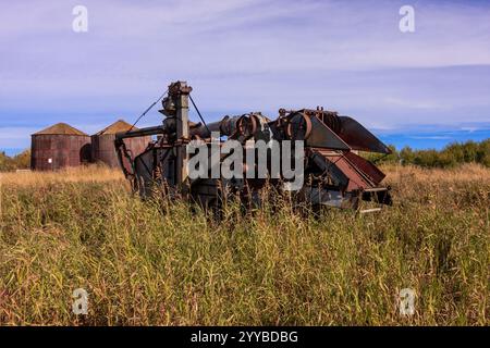 Ein alter, verrosteter Mähdrescher sitzt auf einem Feld mit hohem Gras. Nostalgiekonzept und Zeitverlauf Stockfoto