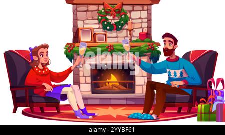 Ein paar in der Nähe des Weihnachtskamins isoliert auf weiß. Vektor-Karikaturillustration des jungen Mannes und der Frau, die in gemütlichen Sesseln in der Nähe des Feuers sitzen, Wohnzimmer Stock Vektor