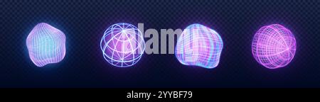 Tech Sphere 3D Drahtmodell Set – Neon leuchtende geometrische Formen mit Gittermuster in violettem und rosa Verlauf. Abstrakte digitale Netzkugeln mit Leuchtkraft Stock Vektor