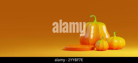 Rundes Podium und Kürbisse auf orangefarbenem Hintergrund. Vektor realistische Illustration des festlichen Halloween oder Thanksgiving Tag Banner mit kreisförmiger Plattform f Stock Vektor