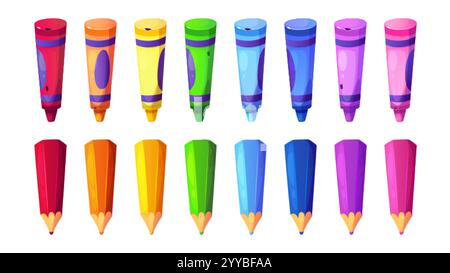 Buntes Schreibwaren-Set mit Buntstiften und Bleistiften in Regenbogenfarben. Pädagogische Zeichenwerkzeuge für Kindergartenkunst oder elementare Aktivitäten Stock Vektor