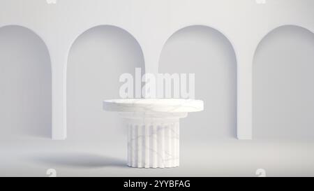 Marmorsäule mit geriffeltem Schaft steht gegen bogengekrümmte Galeriennischen in der Wand. Realistischer klassischer 3D-Sockel mit runder Plattform. Minimalistisch Stock Vektor