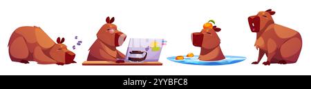 Niedliches Capybara-Charakterset, das tägliche Aktivitäten zeigt - schlafen, mit Laptop arbeiten und Kaffee trinken, im Wasser schwimmen mit Orangen, sitzen. Braunes mollig Stock Vektor