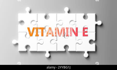 Vitamin E als komplexes Thema, bezogen auf wichtige Themen, die sich als Wortwolke verbreiten. Stockfoto
