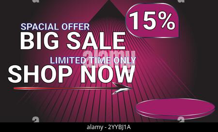 15 Prozent Sonderangebot großer Sonderangebot nur für begrenzte Zeit Shop jetzt Vorlagenbanner mit lila Thema Stock Vektor