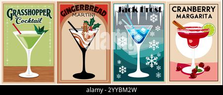 Weihnachtscocktails Retro-Poster Vektor-Kunstset. Stock Vektor