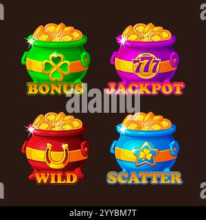 St. Patrick Day Ikonen – Kessel mit Glücksmünzen für Ihr Spiel oder Slot. Vier magische Töpfe mit Klee, 777, Stern und Hufeisen. Jackpot, Wild, Scatter Stock Vektor