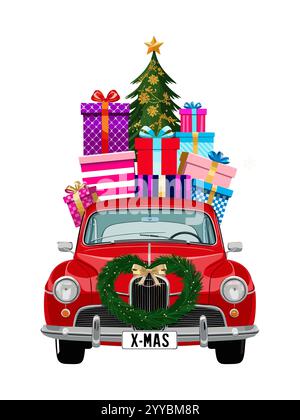 Rotes Weihnachtsauto mit Weihnachtsbaum, Geschenkboxen Stock Vektor