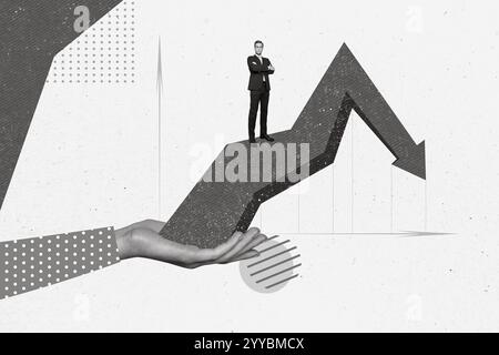 Kreatives Foto 3D Collage Kunstwerk Poster Postkartenbild eines ernsthaften selbstbewussten Mannes Stehen großer Pfeilarm isoliert auf Malhintergrund Stockfoto
