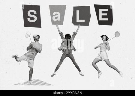 Kreatives Collage-Bild von drei aufregenden Schwarzweiß-Gamma-Menschen, die springen, halten Schmetterling-Netz-Fang-Sonderangebot Stockfoto