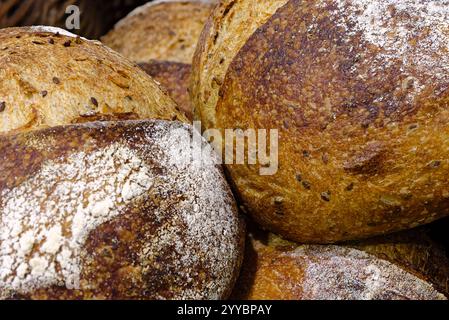Gruppe von traditionellen runden Broten mit dunklem Roggenbrot mit Samen, Essenshintergrund Stockfoto
