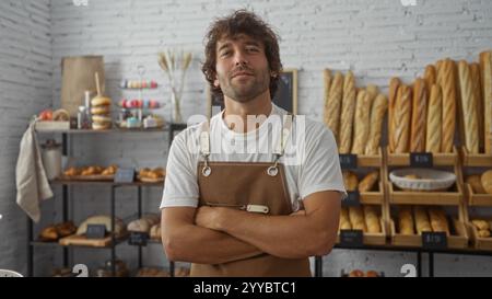 Junger Mann mit gekreuzten Armen, der selbstbewusst in einer Bäckerei mit Regalen mit frisch gebackenem Brot und Gebäck im Hintergrund steht Stockfoto