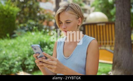 Junge Frau, die ihr Smartphone in einem urbanen Park nutzt, mit kurzen blonden Haaren und einem fokussierten Ausdruck, der die Essenz moderner Konnektivität in einfängt Stockfoto