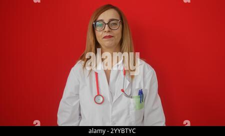Reife Ärztin mit Stethoskop und Brille lächelnd vor rotem Hintergrund Stockfoto