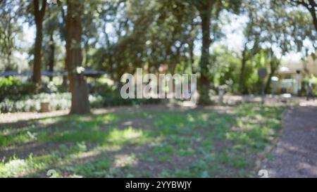 Unscharfer Blick auf Menschen, die in den üppigen Gärten der Villa borghese in rom spazieren gehen, mit verschwommenem Hintergrund und Sonnenlicht, die eine ruhige Atmosphäre im Freien schaffen. Stockfoto
