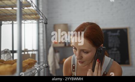 Junge Frau mit roten Haaren, die am Telefon in einer Bäckerei mit Brotregalen und Muffins im Hintergrund spricht Stockfoto