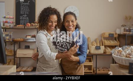 Lateinische Bäckerinnen lächeln in einer Bäckerei mit offenem Schild, umgeben von Brot und Gebäck Stockfoto