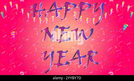 „Happy New Year“-Text in Magenta-Blau mit Konfetti-Thema Stock Vektor