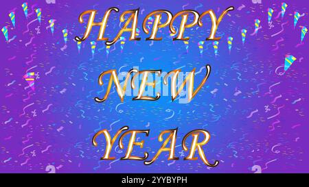 Happy New Year weiß-goldener Text mit Konfetti-Thema und lila himmelblauem radialem Hintergrund Stock Vektor