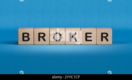 Holzwürfelblock mit BROKER-Geschäftswort. Nahaufnahme von Holzelementen, Business Concept.3D-Rendering auf blauem Hintergrund. Stockfoto