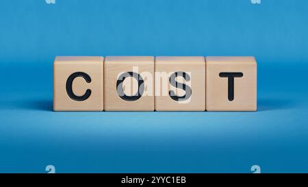 Holzwürfelblock mit KOSTENGESCHÄFTWORT. Nahaufnahme von Holzelementen, Business Concept.3D-Rendering auf blauem Hintergrund. Stockfoto