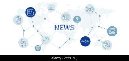 Header-Banner der Nachrichtenwebsite mit einer Reihe von Symbolen, die Zeitschriften- und Medieninformationen wie Rundfunk und Fernsehen darstellen Stock Vektor