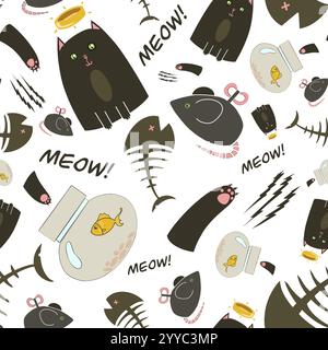 Nahtloses Muster für Katzen, Fische, Maus und Tierpfoten auf weißem Hintergrund. Handgezeichnete Cartoon-Katzen im Doodle-Stil. Lustige Katze ist Dekoration für Designs. Stockfoto