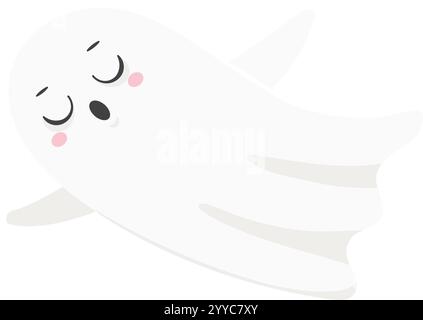 Cartoon-Illustration eines niedlichen, freundlichen Geistes, der mit geschlossenen Augen, Gähnen und roten Wangen schwimmt, ideal für Halloween-Projekte Stock Vektor