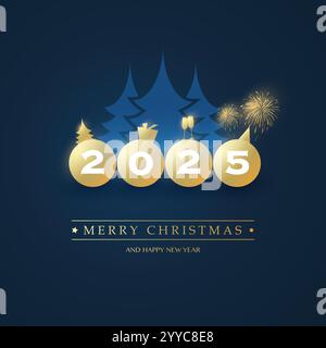 BEST Wishes - Dekorative Merry Christmas and Happy New Year Card Hintergrund mit Blauen Kiefern und goldenen Kugeln mit Jahreszahlen und Gewinnsymbolen Stock Vektor