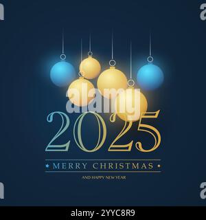 Dunkle Weihnachten und Happy New Year Kartenhintergrund mit blauen und goldenen Weihnachtskugeln, Zahlen - Illustration im editierbaren Vektorformat - 2025 Stock Vektor