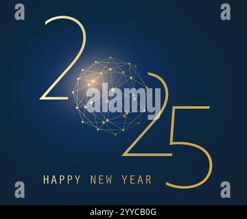 Goldener und dunkelblauer moderner Stil einfache minimalistische Happy New Year Grußkarte, kreative Vektor-Design-Vorlage mit polygonalem Globus - 2025 - Web, T Stock Vektor