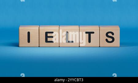 Zwischenablage mit IELTS-Text über Finanzdiagrammen. Geschäftsanalyse und Strategiekonzept.Nahaufnahme von Holzelementen,Business Concept.3D-Rendering Stockfoto