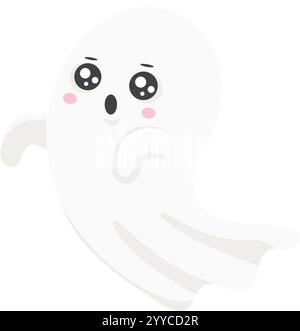 Ein überraschter, in der Luft schwebender Zeichentrickgeist mit großen Augen und offenem Mund, der eine einfache, aber niedliche Illustration schafft, die perfekt für Halloween ist Stock Vektor