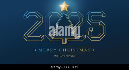 BEST Wishes - Modern Style Golden and Dark Blue Merry Christmas and Happy New Year Grueting Card oder Hintergrund mit Weihnachtsbaum Silhouette - Creati Stock Vektor