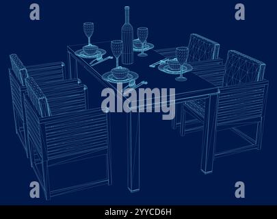 Drahtmodell Formale Tischeinstellung. Seitenansicht. Vektorabbildung Stock Vektor