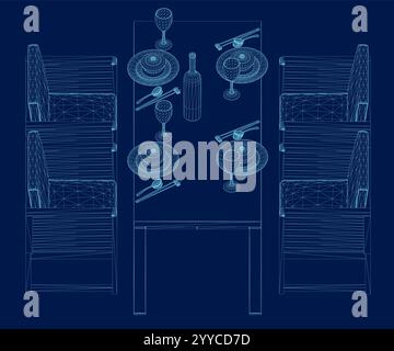 Drahtmodell Formale Tischeinstellung. Seitenansicht. Vektorabbildung Stock Vektor