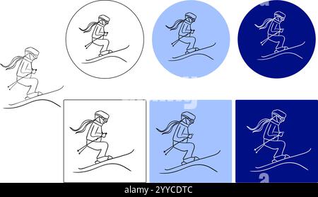 Ski Jumper Vektorgrafik Linie Logo, Wintersport Konzept, Ski Jumping Silhouette Zeichen auf weißem und farbigem Hintergrund, Springboard Jumper Symbol in Gly Stock Vektor