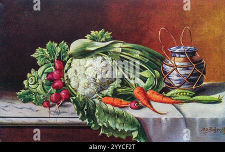 Vintage 1910-1920 Postkarte mit Stillleben von Gemüse einschließlich Blumenkohl, Karotten, Rettich und einem Töpfergewürzbehälter. Stockfoto
