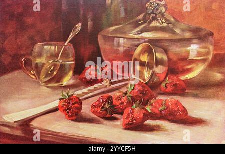 Vintage-Postkarte 1910-1920 mit Stillleben-Bemalung von Erdbeeren mit Glasschale, Tasse und Kelle. Stockfoto