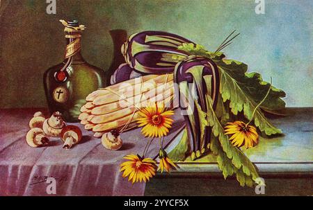 Vintage-Postkarte aus dem Jahr 1910-1920 mit Stilgemälde mit einem Haufen weißen Spargel, Karten, Pilzen, ein paar Gänseblümchen und einer Flasche Wein. Stockfoto
