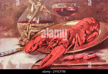 Vintage-Postkarte aus dem Jahr 1910-1920 mit Stillleben eines gekochten Hummer auf einer silbernen Schüssel mit einer Flasche und einem Glas Rotwein. Stockfoto