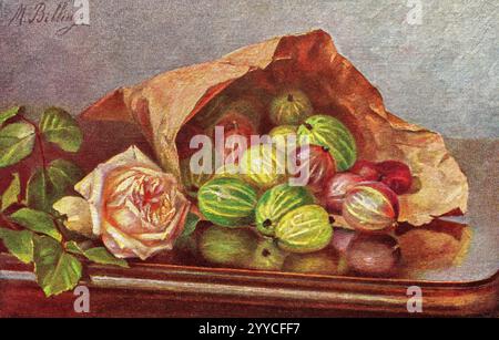 Vintage-Postkarte aus dem Jahr 1910-1920 mit Stilbemalung von Grünfrüchten in einer Papiertüte und einer rosafarbenen Rosenblüte. Stockfoto